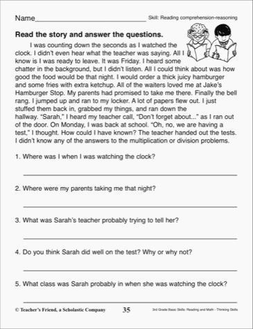 Short Reading Comprehension Worksheets For Grade 3 Pdf