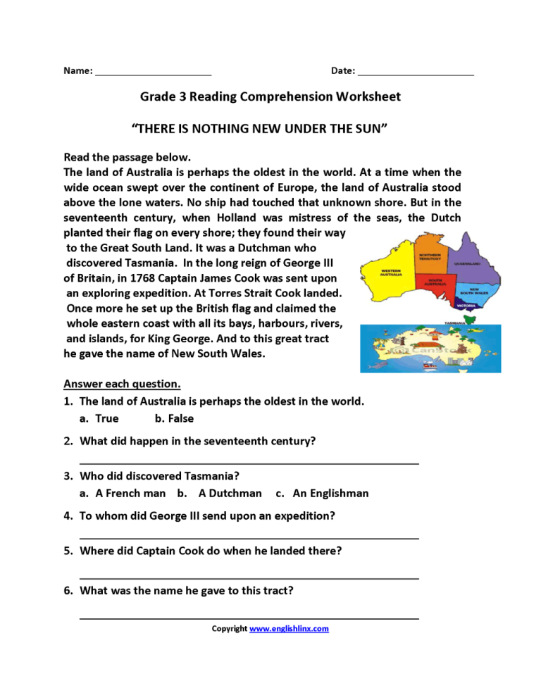 Reading Comprehension Worksheets Pdf Grade 3