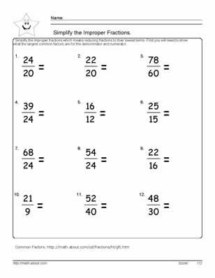 6th Grade Multiplying Improper Fractions Worksheets