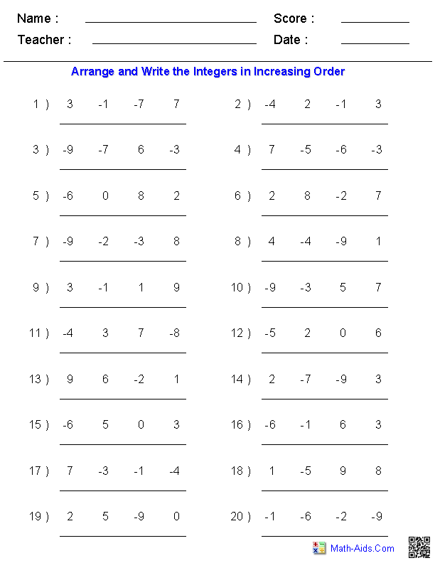Integers Worksheet Grade 7 Answers