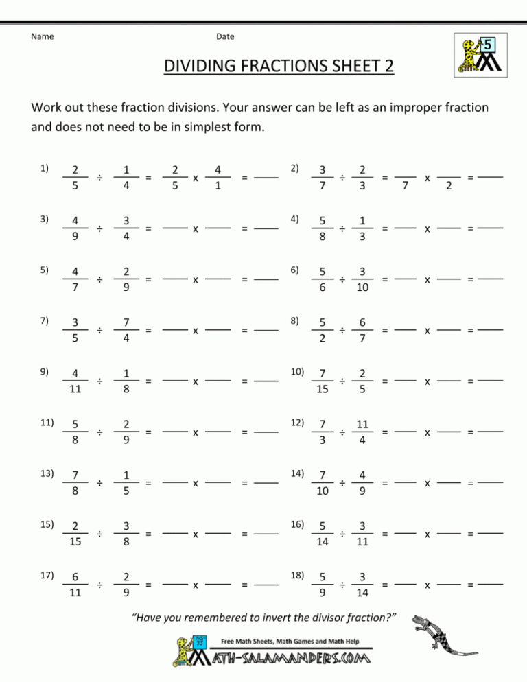 Dividing Whole Numbers By Unit Fractions Worksheet Pdf