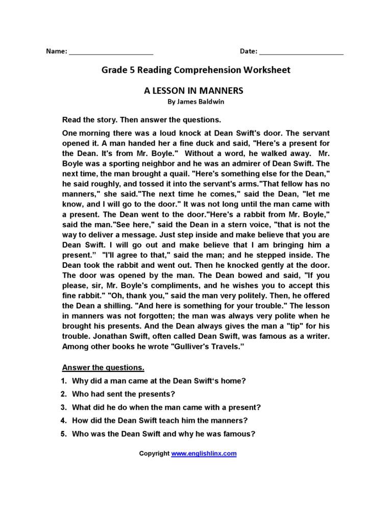 Comprehension Worksheets For Grade 5 With Questions
