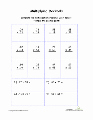 5th Grade Math Worksheets Multiplication With Decimals