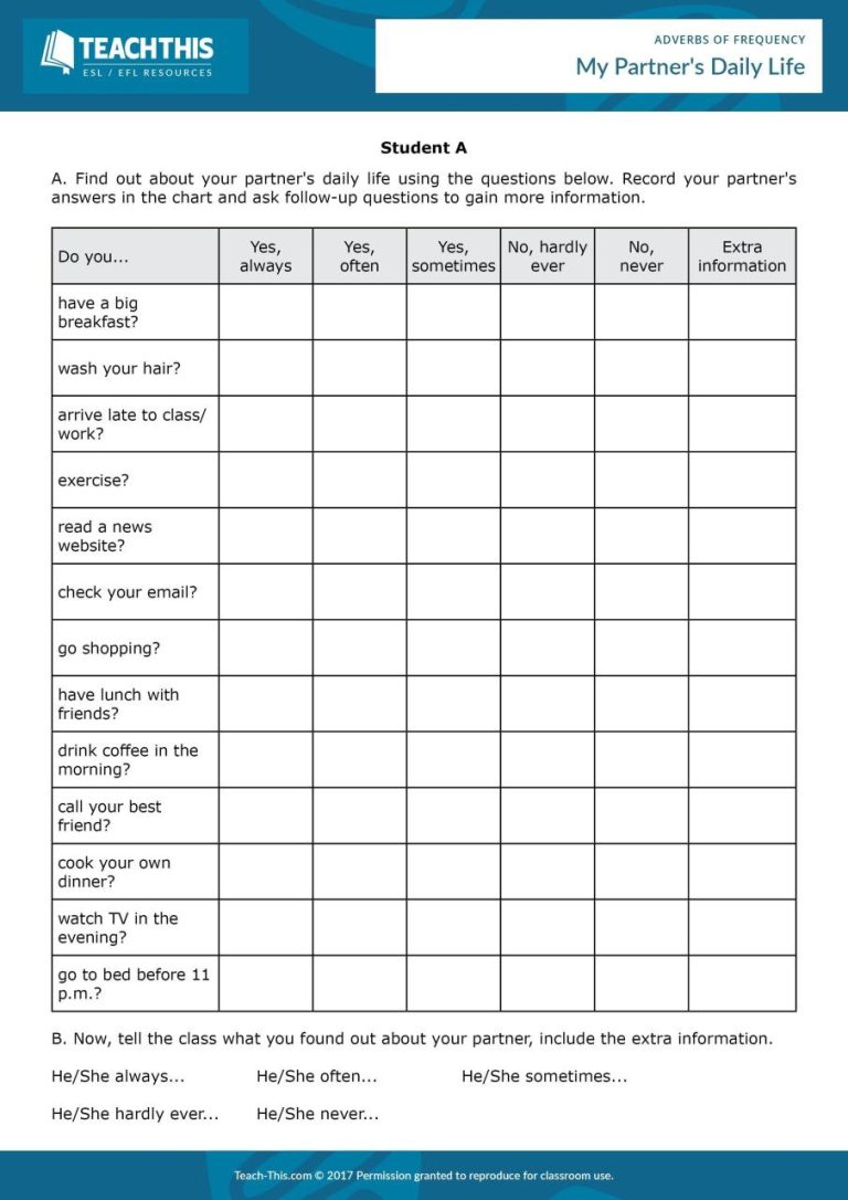 Adverbs Of Frequency Worksheet With Answers