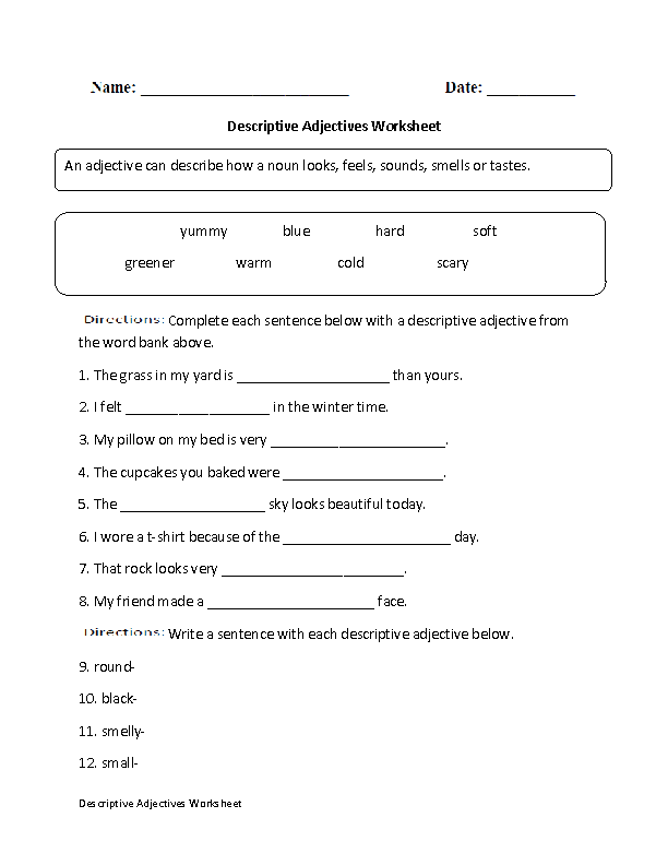 Adjectives Worksheets With Answers For Grade 4