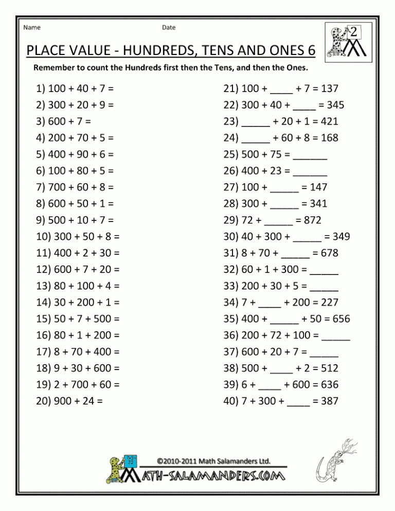 Hundreds Tens And Ones Worksheets 2nd Grade