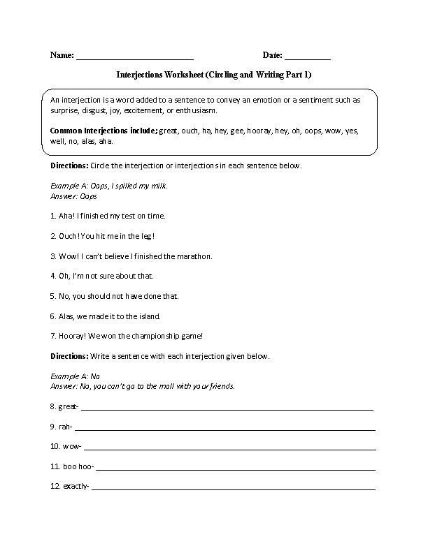 Interjections Worksheet Grade 4