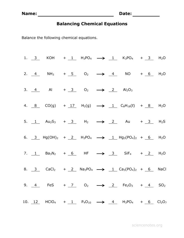 Balancing Chemical Equations Worksheet Grade 10 Answer Key