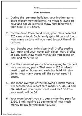 Free Math Worksheets For 5th Grade Word Problems