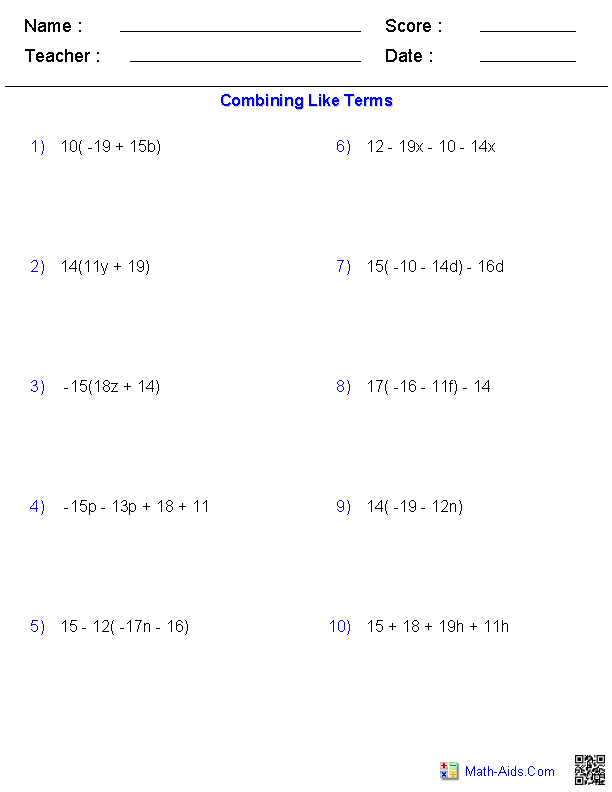 7th Grade Answer Key Combining Like Terms Worksheet Answers