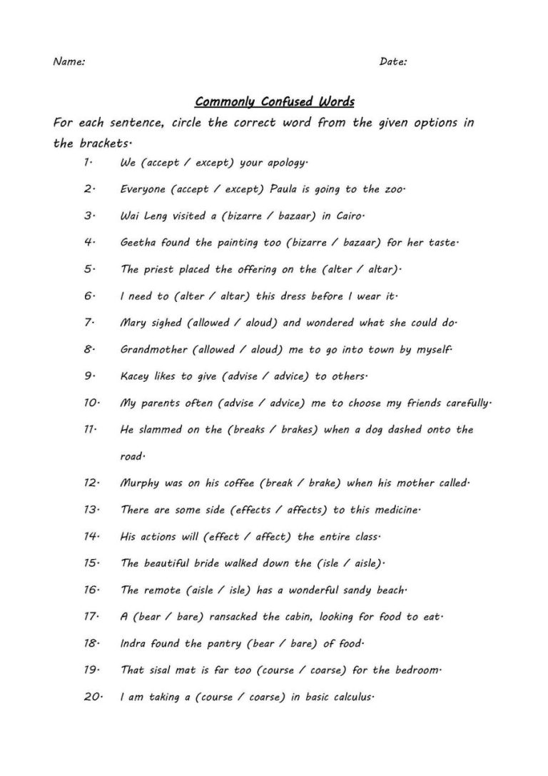 Commonly Confused Words Worksheet 1 Answer Key