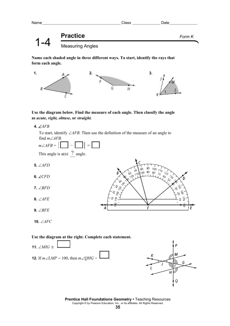 Geometry 1.4 Measuring Angles Worksheet Answers