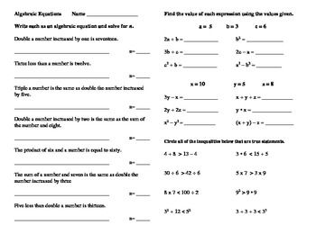 6th Grade Equations And Inequalities Worksheet