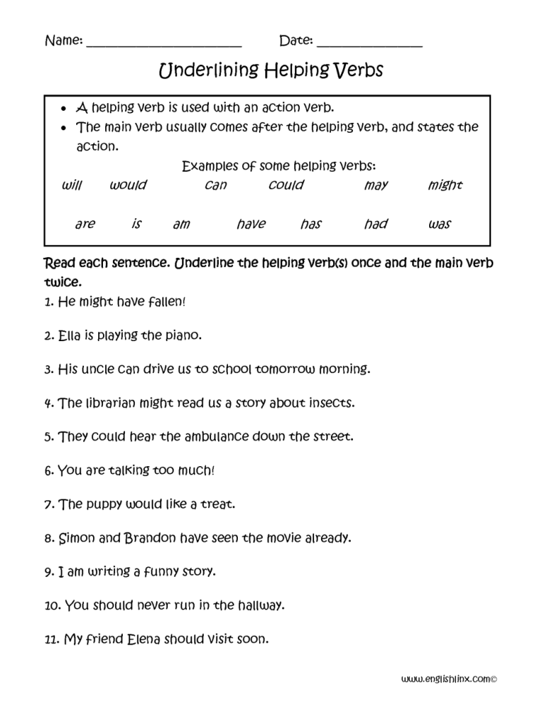 Helping Verbs Worksheet For Grade 2