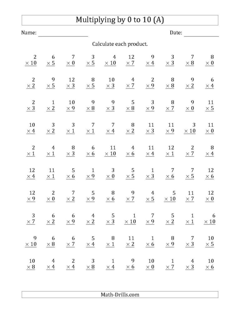 Multiplication Math Facts Practice Worksheets