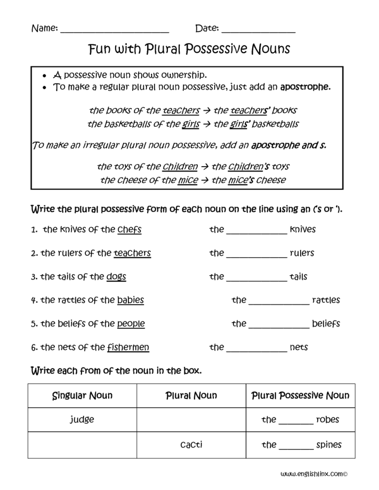 5th Grade Possessive Nouns Worksheets With Answers Pdf
