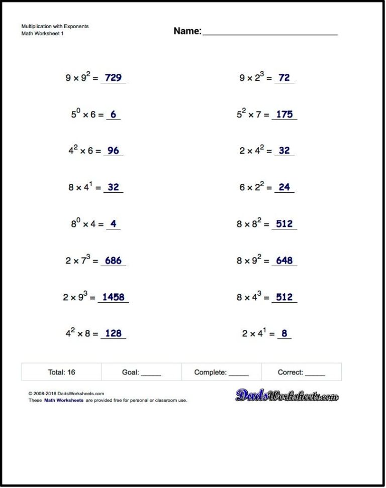 Answer Key Exponents Worksheets Grade 9