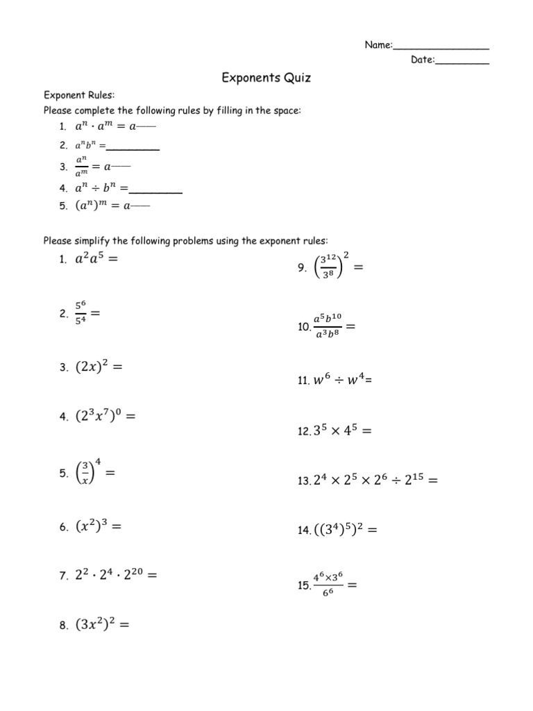 Eighth Grade Exponent Rules Worksheet 8th Grade