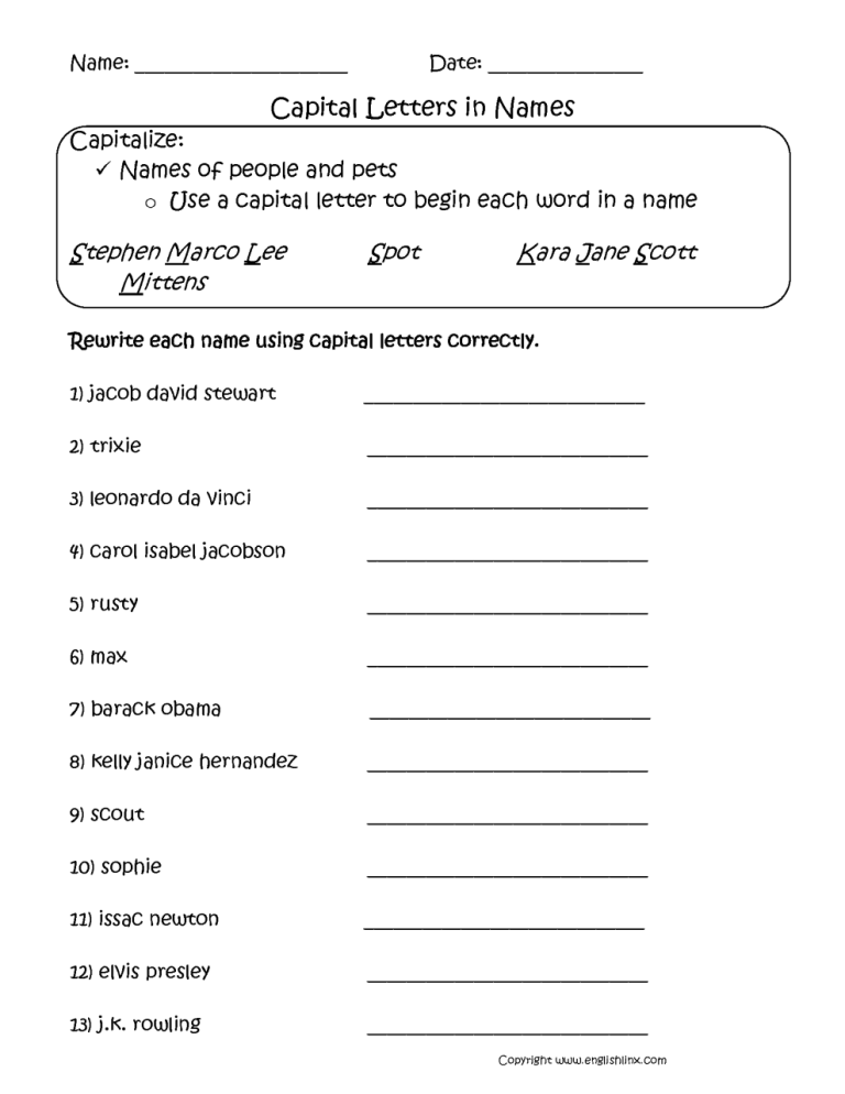 1st Grade Free Printable Capitalization Worksheets