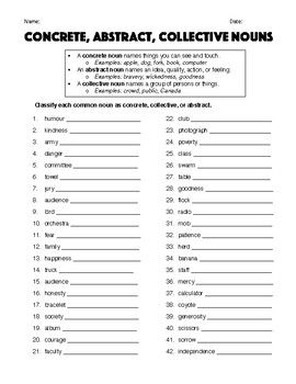 Abstract Noun Worksheets With Answers For Grade 4