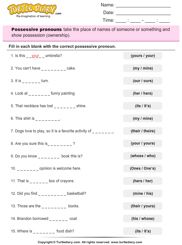 Grade 1 Possessive Adjectives Worksheet Pdf