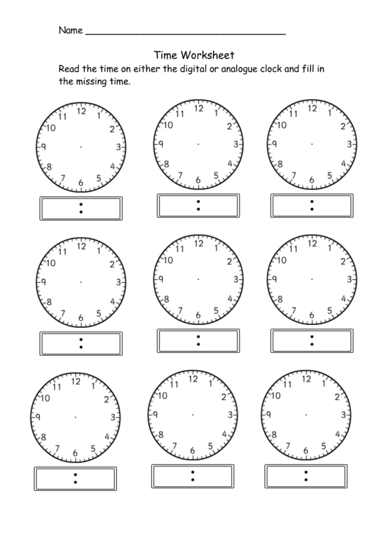 Free Printable Blank Clock Worksheets