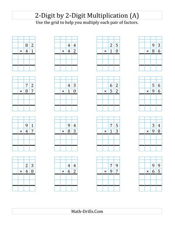 4th Grade 2 Digit By 2 Digit Multiplication Worksheets With Grids