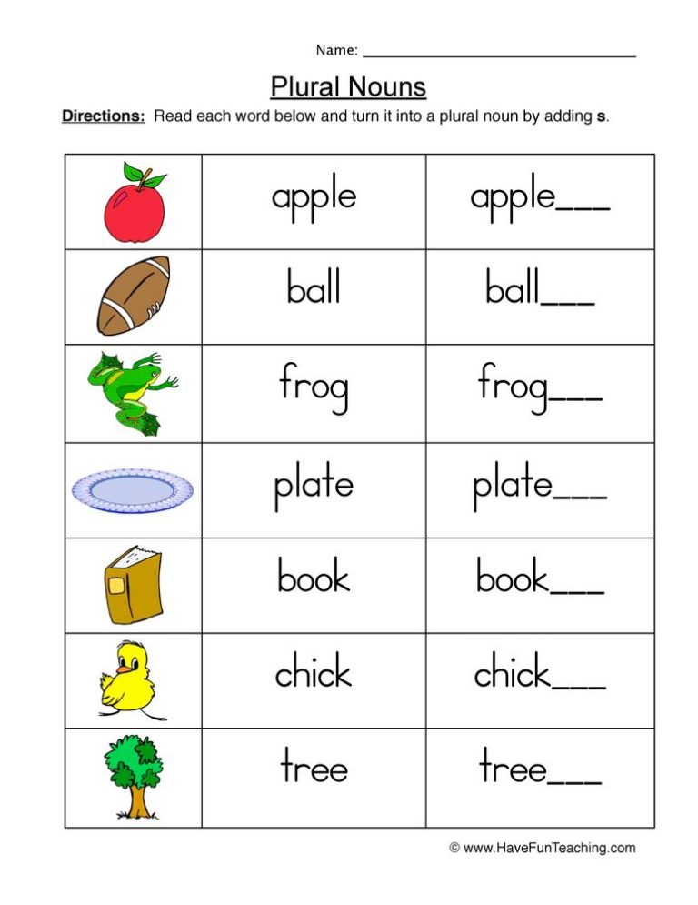 Grade 1 Singular And Plural Worksheets For Kindergarten