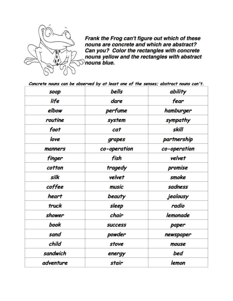 Concrete And Abstract Noun Worksheets For Grade 3