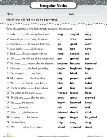 4th Grade Irregular Verbs Worksheet