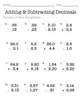 Math Addition Decimals Worksheets