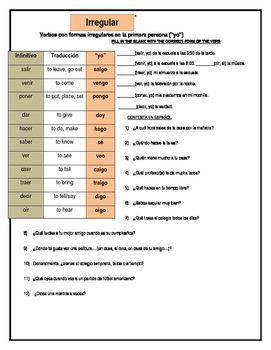 Irregular Present Tense Verbs Spanish Worksheet Answers