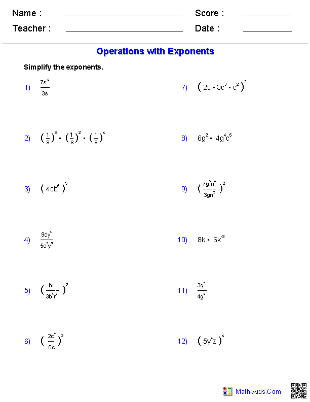Exponents Worksheets Grade 7 Pdf
