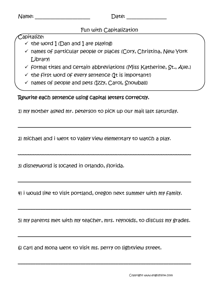 4th Grade Capitalization Practice Worksheets