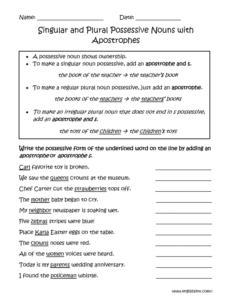 Possessive Nouns Worksheets With Answers Pdf