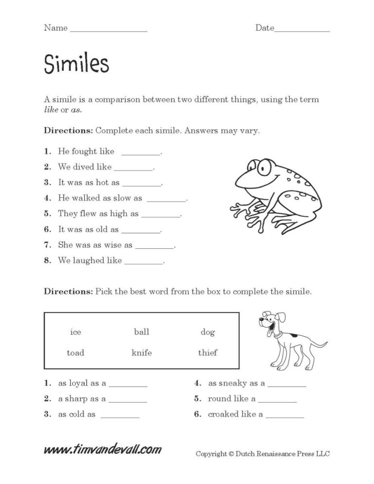 7th Grade Simile And Metaphor Worksheet Pdf