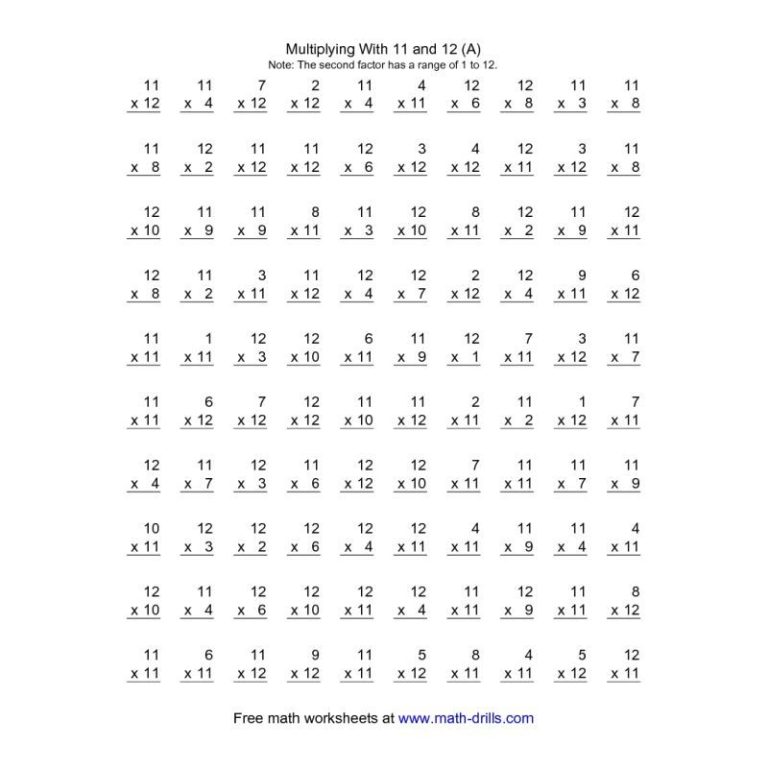 5th Grade Multiplication Sheet 1-12