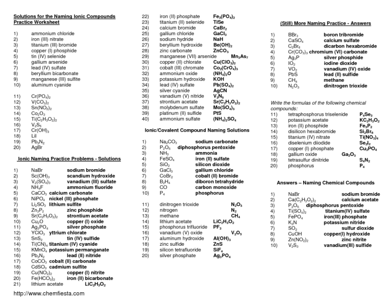 Naming Chemical Compounds Worksheet Answers