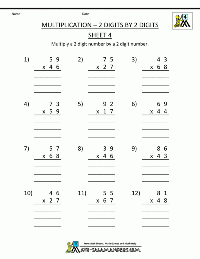 4th Grade Free Printable Multiplication Worksheets