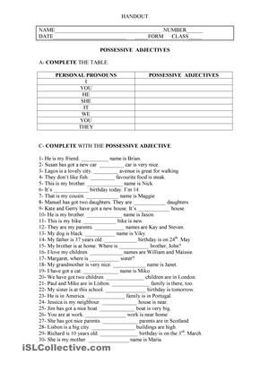 Printable Possessive Adjectives Worksheet Pdf