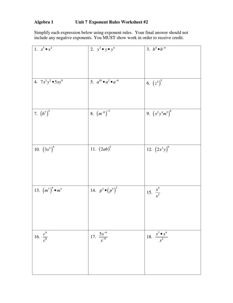 Algebra 2 Exponent Rules Worksheet