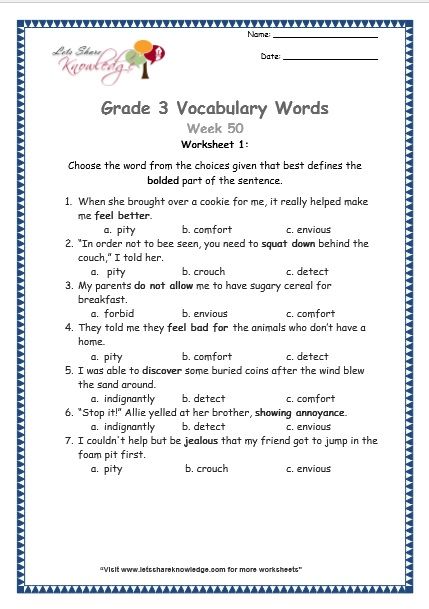 3rd Grade Vocabulary Worksheets Pdf