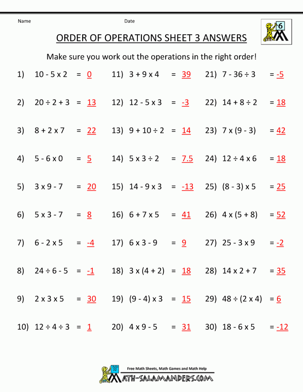 Pemdas Worksheets With Answers For Grade 7