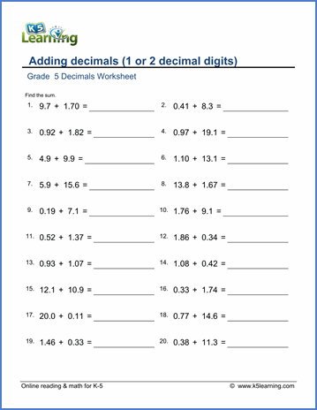 Math Worksheets Decimals Addition And Subtraction