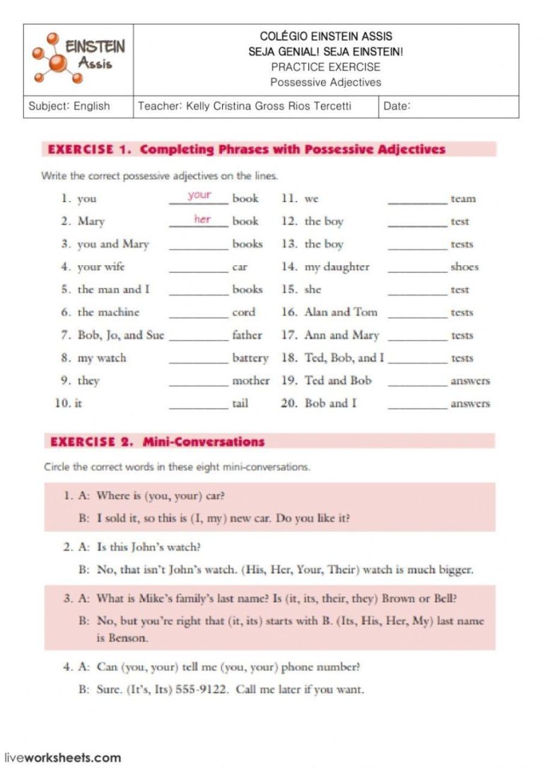 Possessive Adjectives Worksheet Esl Pdf