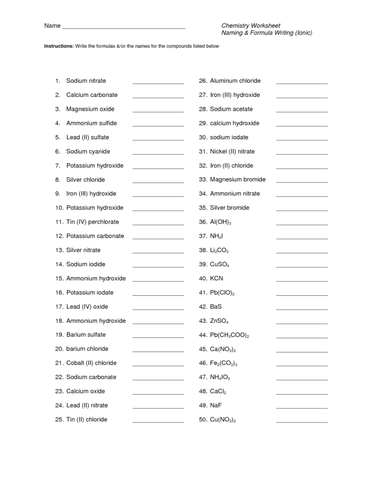 Naming Compounds (mixed) Worksheet Answers