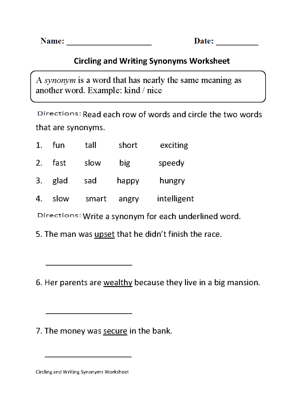 Grade 1 Synonyms Worksheet With Answers