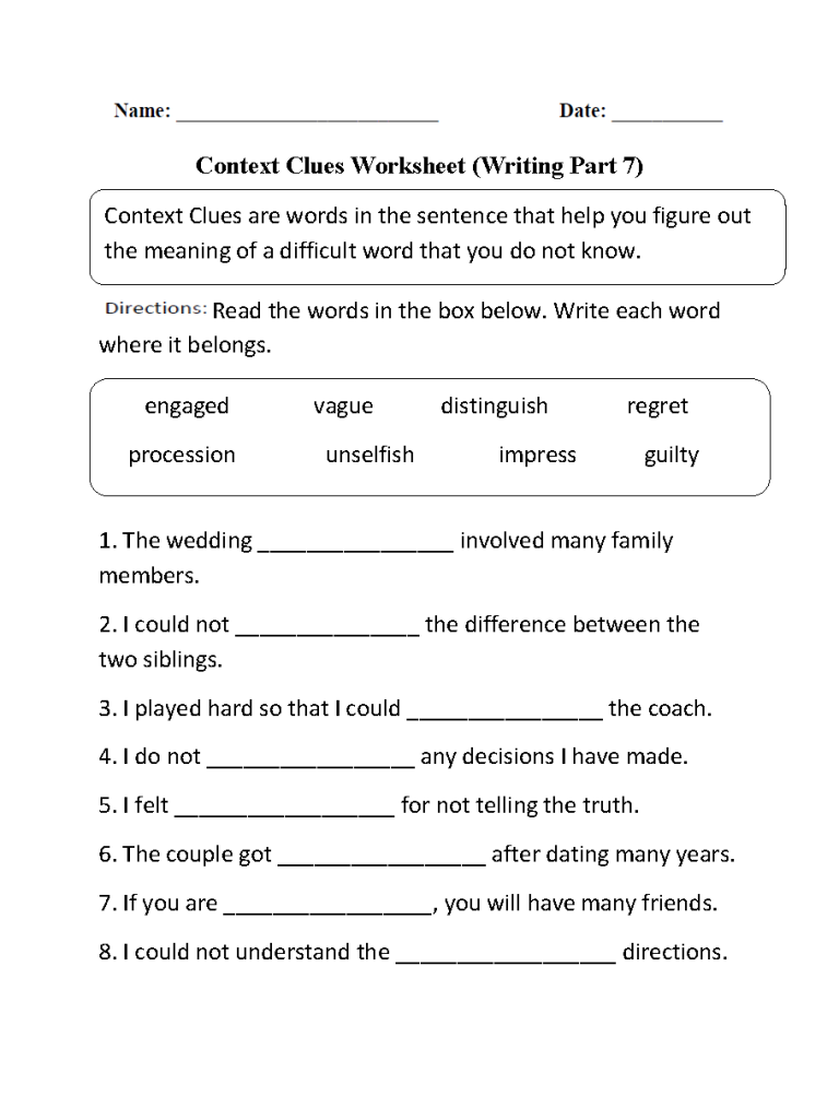 Vocabulary Worksheets For Grade 7 Pdf