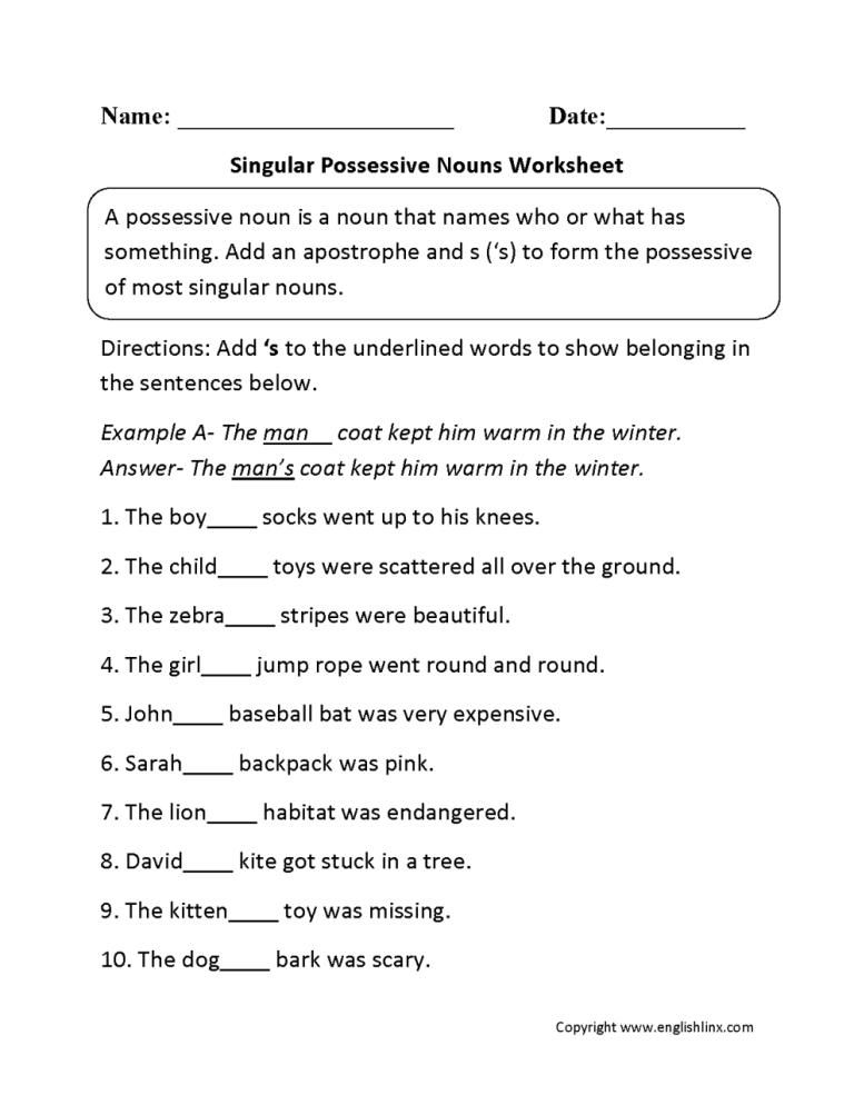 5th Grade Possessive Nouns Worksheets With Answers