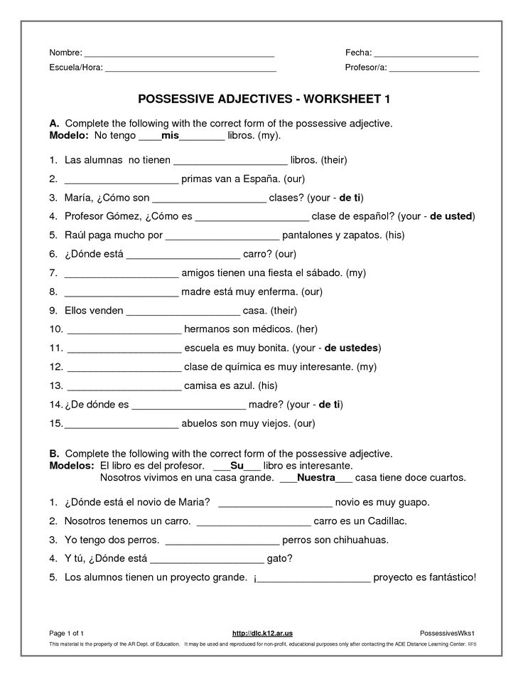 Adjetivos Posesivos Possessive Adjectives Spanish Worksheet